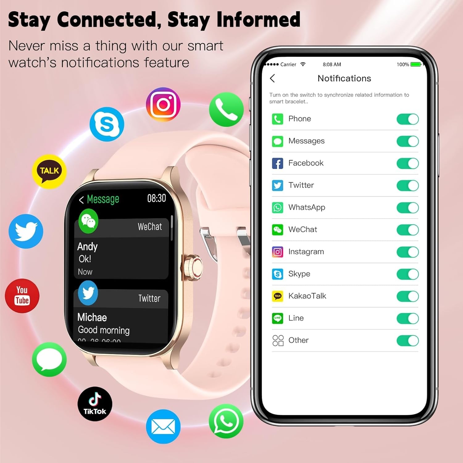 Multifunctional Smartwatch with Stress Monitoring & Extended Battery Life, Pink