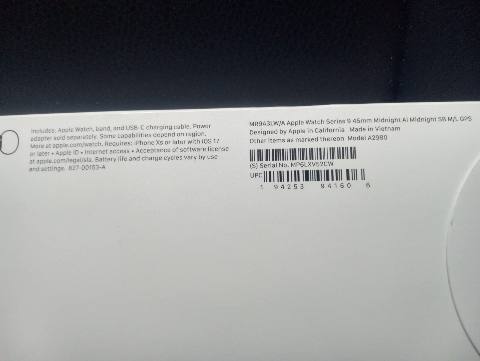 Apple Watch Series 9 45mm Midnight Al Midnight SB M/L #MR9A3LW/A [O-92]