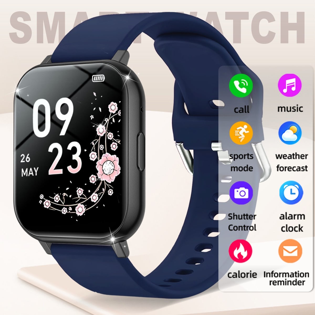 Navy Blue Smart Watch With Call Music Sports Mode Calorie Alarm Remote Camera