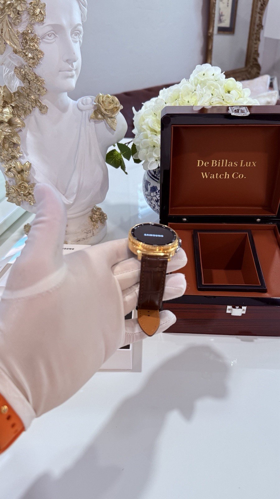Custom 24k Gold Plated Samsung Galaxy Watch 8 Classic Brown Band GPS LTE