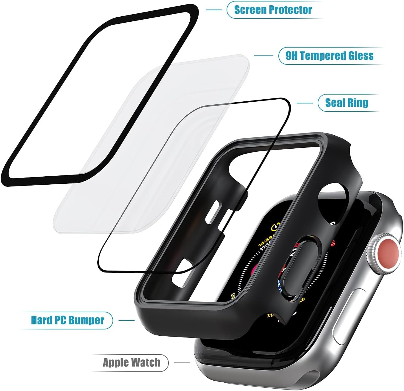 2 Pack Black Case for 38mm Apple Watch, Hard PC with Tempered Glass Guard Bumper