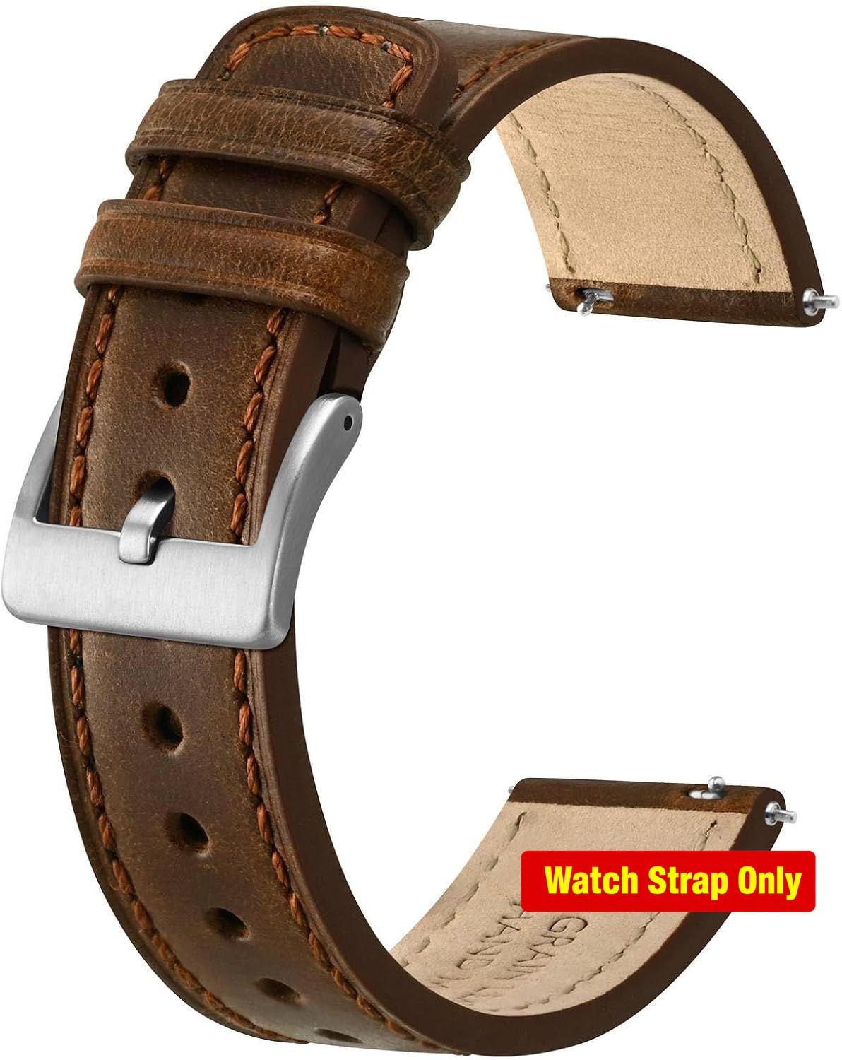 Quick Release Leather Strap for 18mm 20mm 22mm Watches, Dark Brown with Silver B