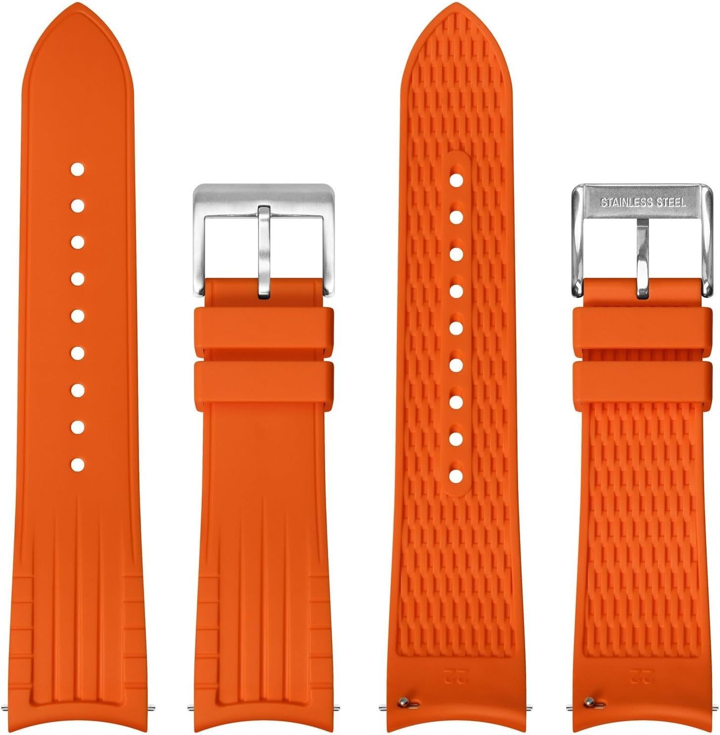 Strap For 22mm, Curved End, Silky Touch Silicone, Silver Buckle, Orange