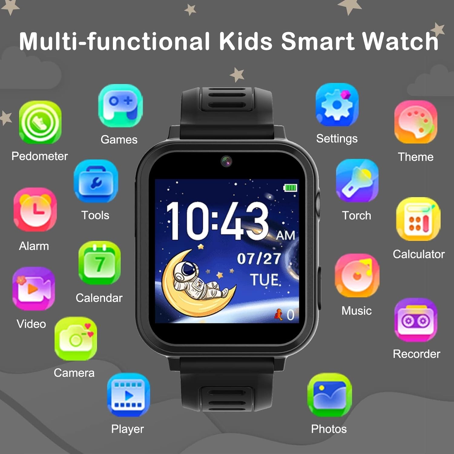 Black Kids Smart Watch with Music Recorder, Games & Fitness Tracker – Gift Idea