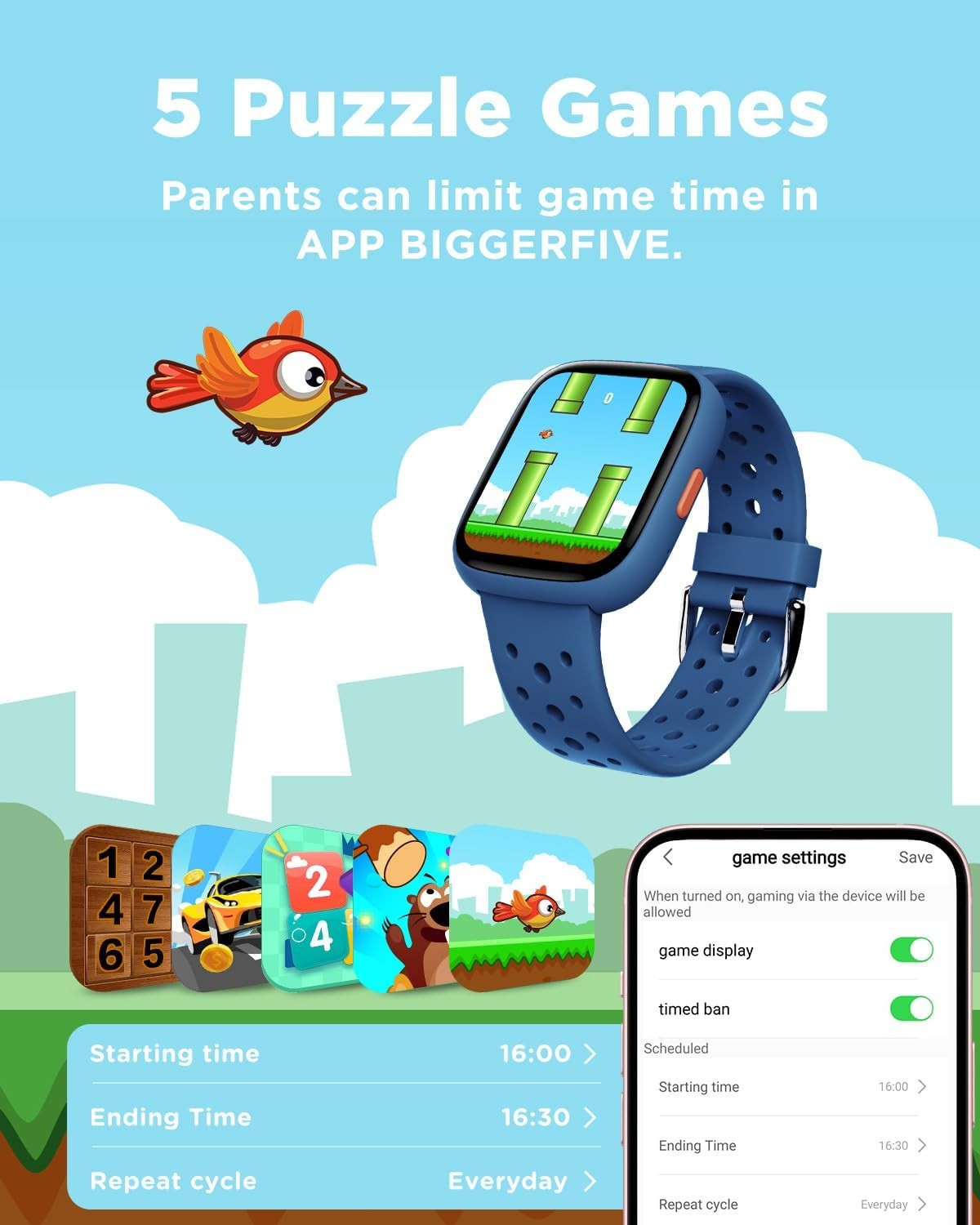 BIGGERFIVE Smart Watch for Kids No APP Phone Needed, 1.8″ Fitness Blue