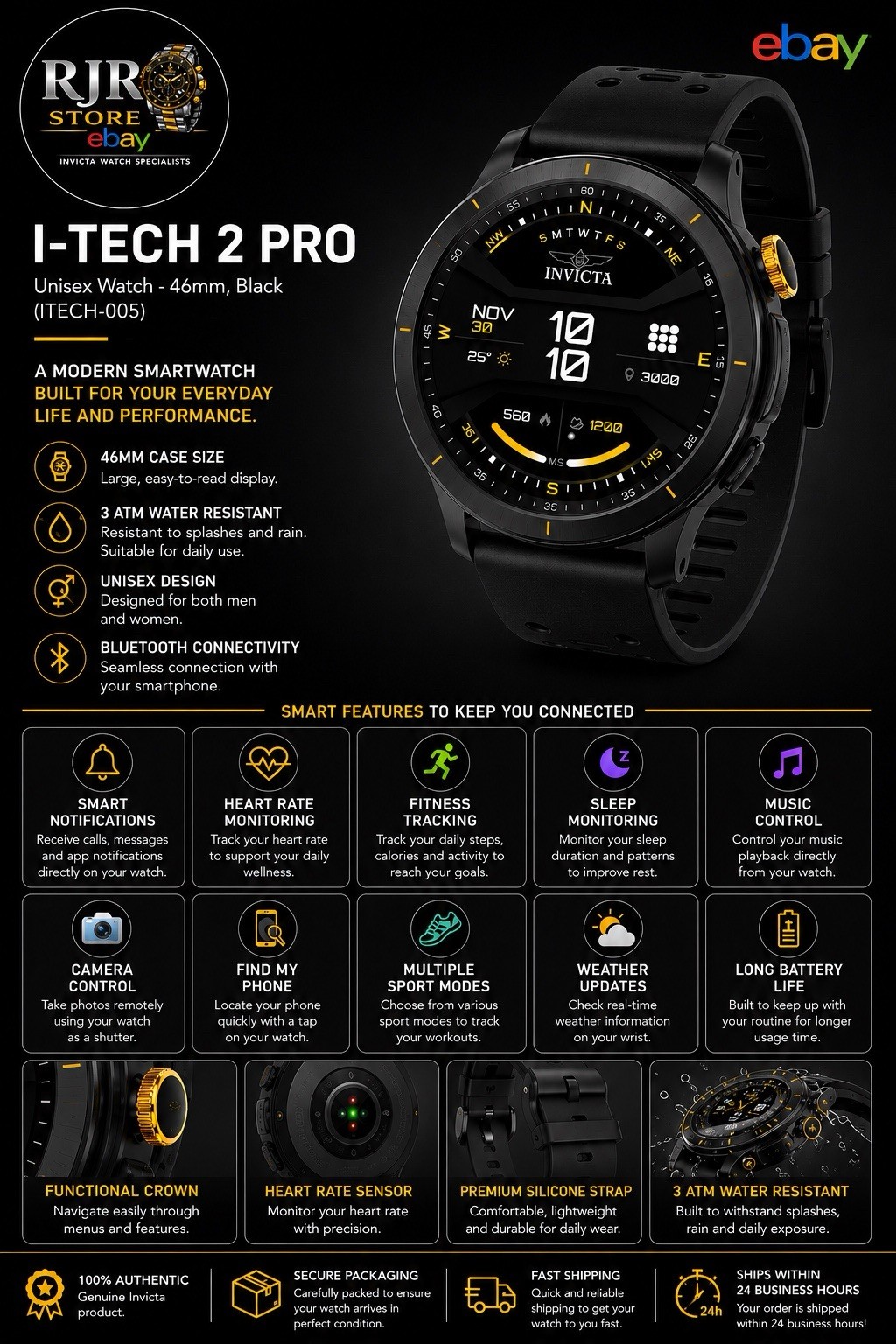 Invicta I-Tech 2 Pro 46mm Black Smartwatch Silicone Band Bluetooth HR Sleep