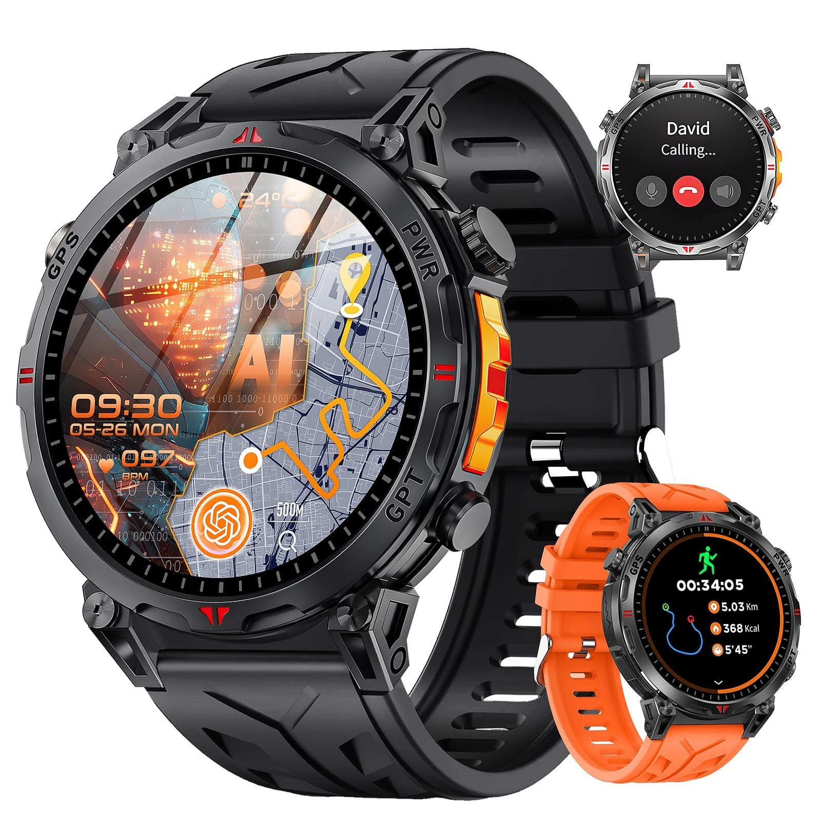 Military GPS Smartwatch for Men, 1.56″ AMOLED, Bluetooth Call, 100+ Sports Modes