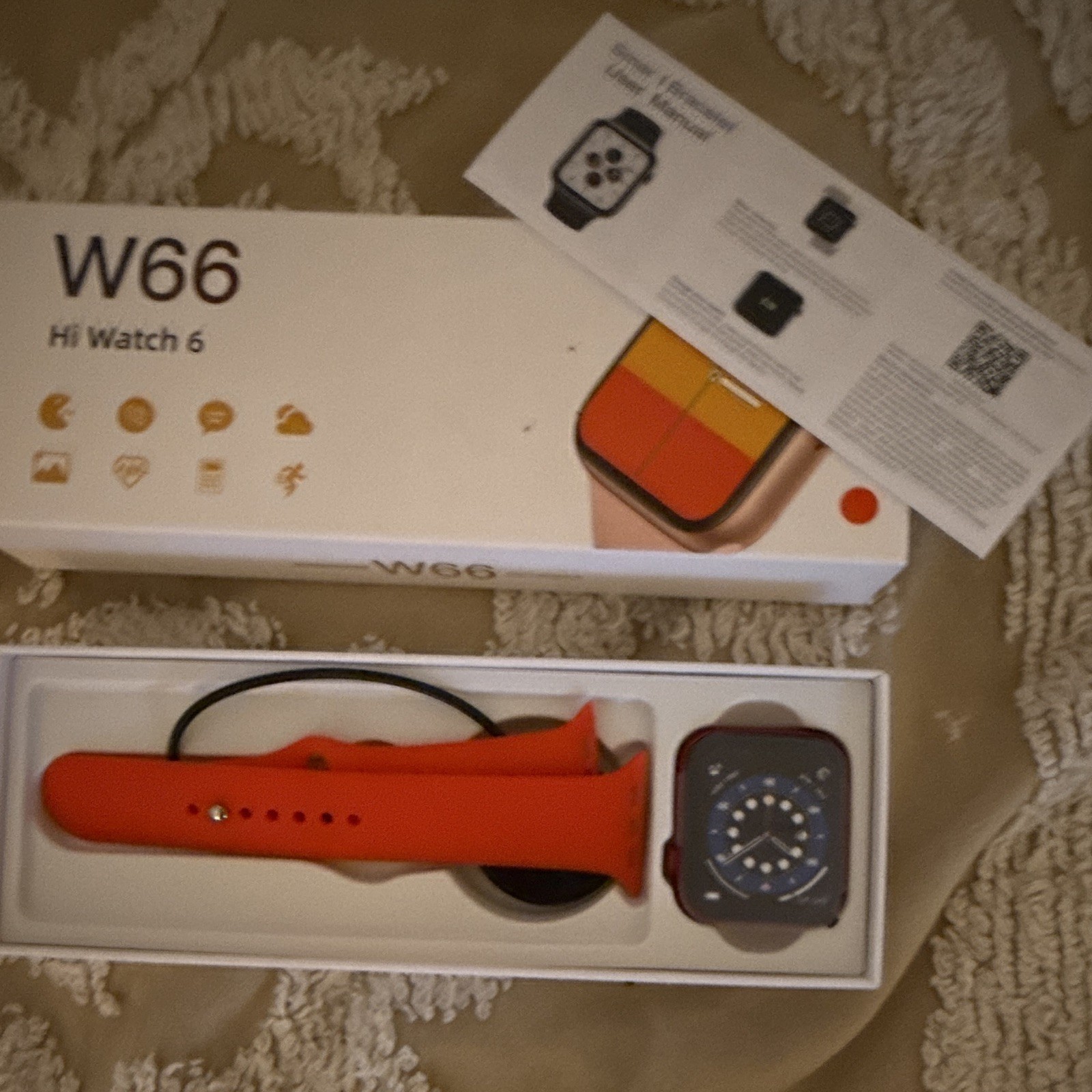 W66 Hi Watch 6 44mm 32GB Heart Rate Smartwatch Orange Band Red Case Boxed | 6