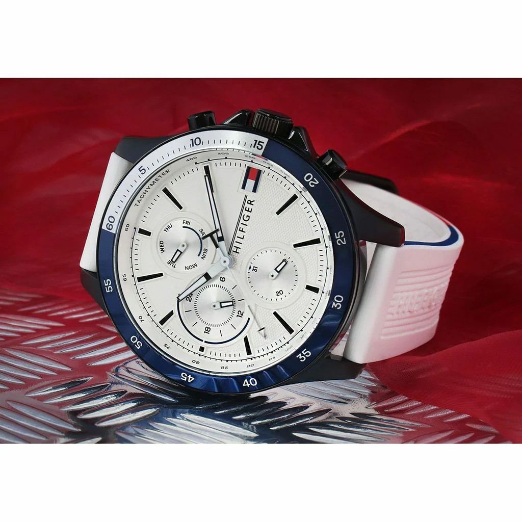 Tommy Hilfiger BANK Men’s Watch 1791723 White Silicone Strap Multi-Function 46mm