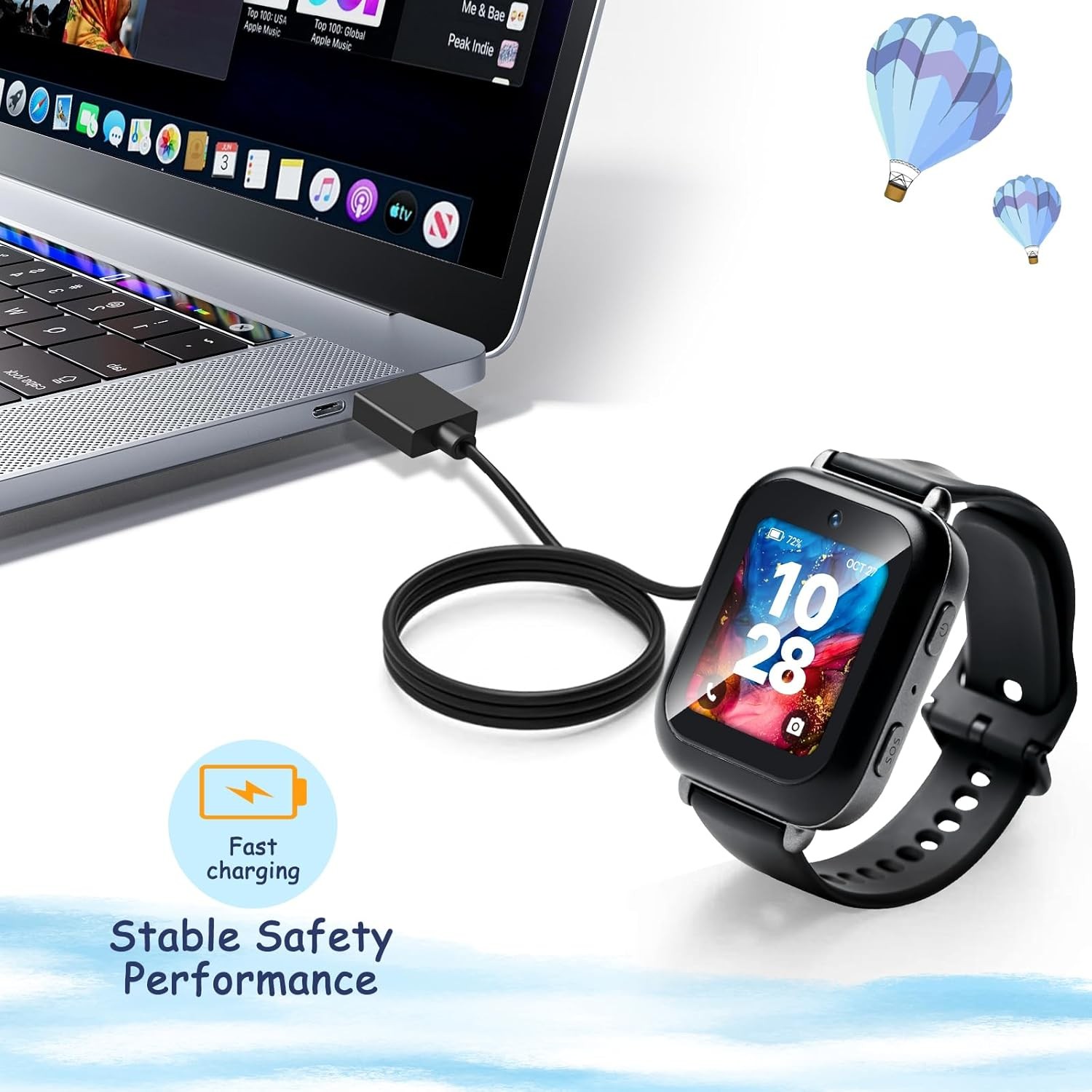 2 Pack Bark Watch Charger Magnetic USB Charging Cable Durable Portable (Black+Wh