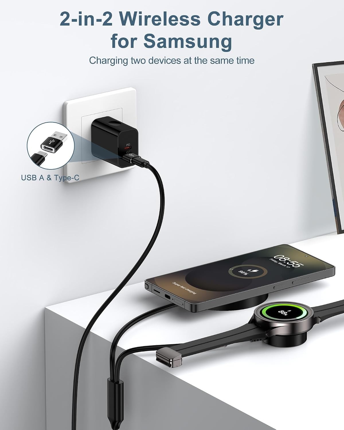 Galaxy Watch Charger Cable 2-in-1 15W Samsung Wireless Fast Charge Dock Station