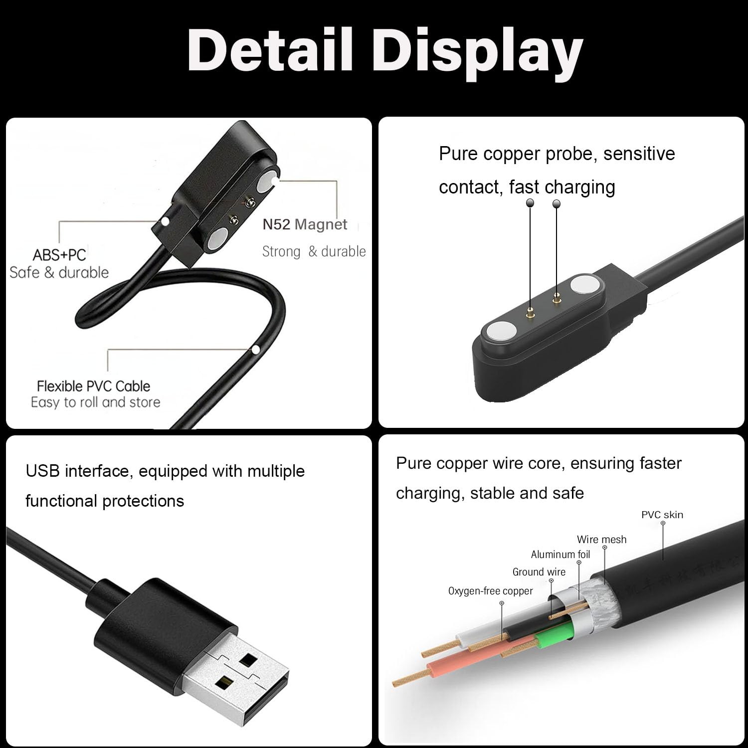 [2-Pack] Compatible with BIGGERFIVE Brave 2 Smartwatch Charger, Magnetic USB Cab