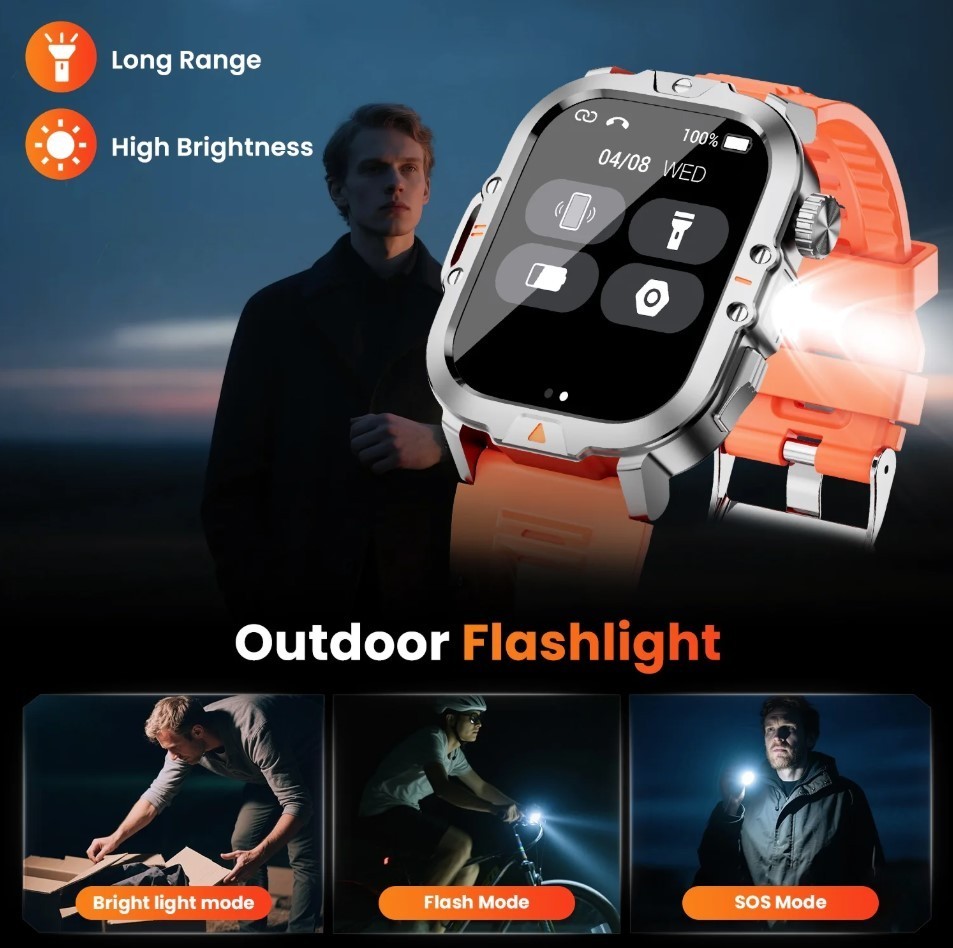 Mingwear L31 Military Smartwatch, 2.01″ High-Resolution Display, IP68, Orange
