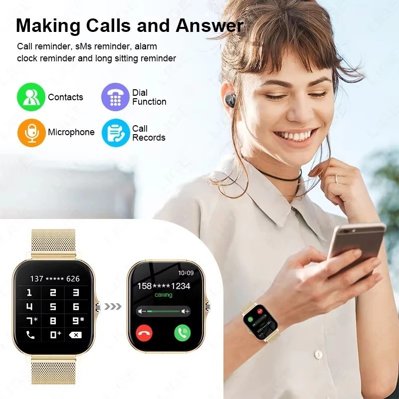 2.01″ HD Smartwatch Bluetooth Call Fitness Tracker Sports DIY Dial Weather