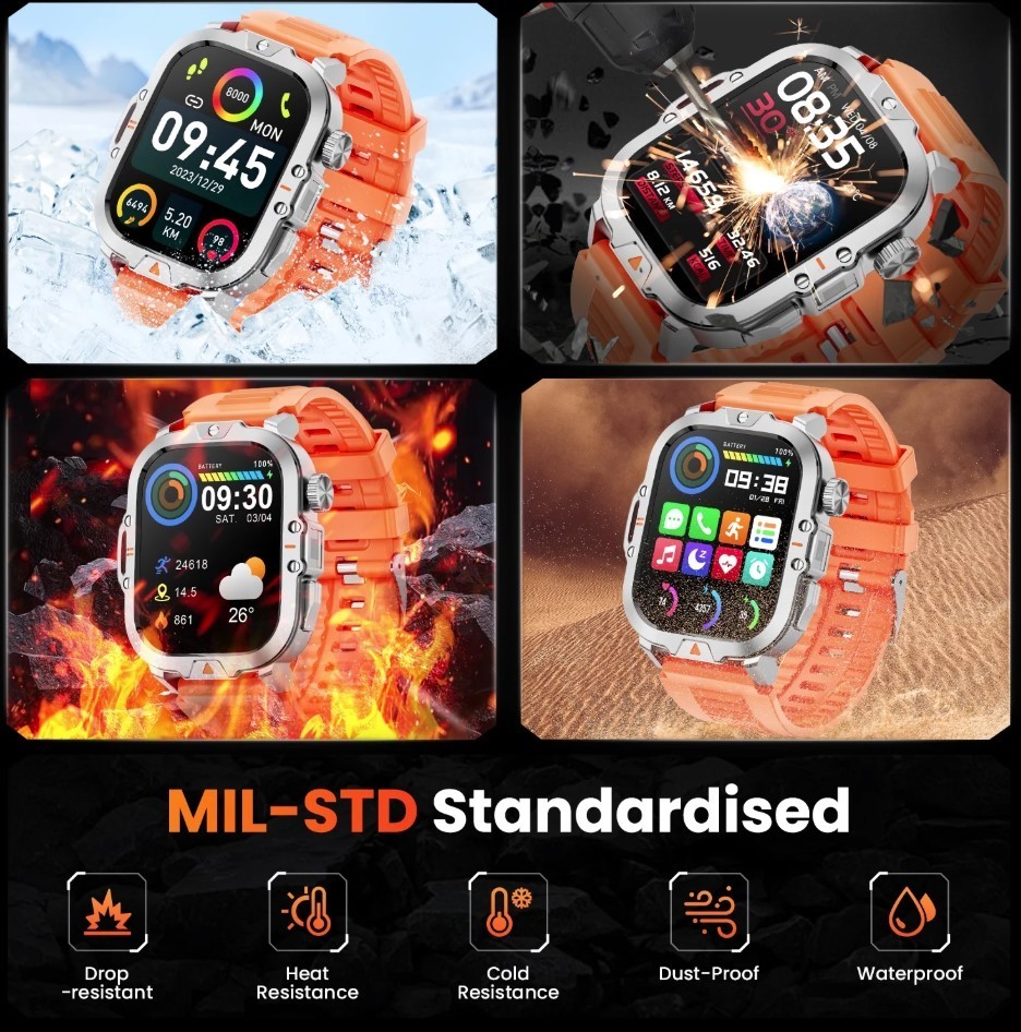 Mingwear L31 Military Smartwatch, 2.01″ High-Resolution Display, IP68, Orange