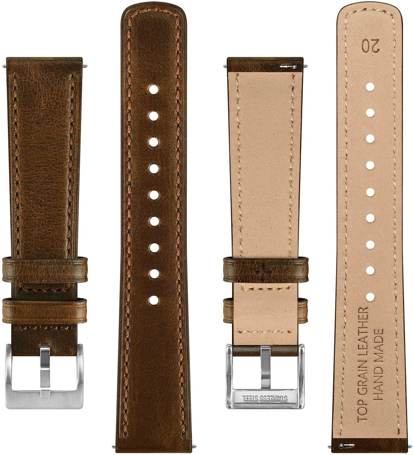 Quick Release Leather Strap for 18mm 20mm 22mm Watches, Dark Brown with Silver B