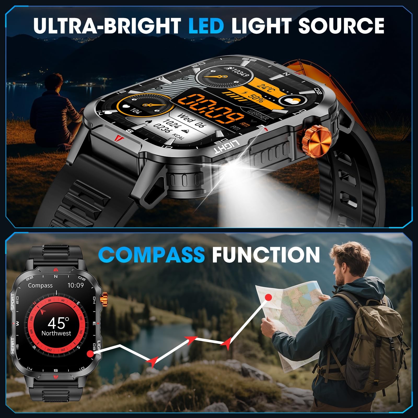 Military Smart Watches for Men-30 Days Battery/Flashlight/Compass,2.01 inch HD D