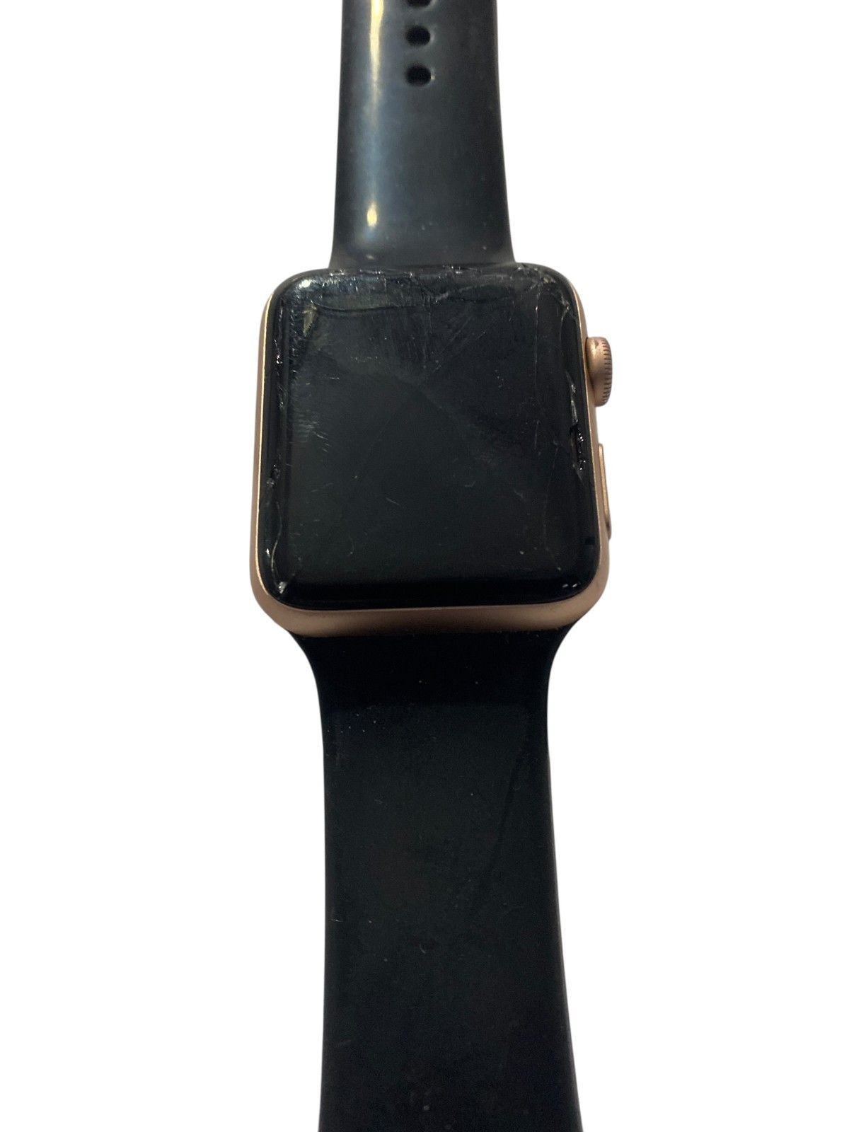 Apple Watch Series 3 42mm Gold Aluminum Case Black Band A1859 Cracked Screen