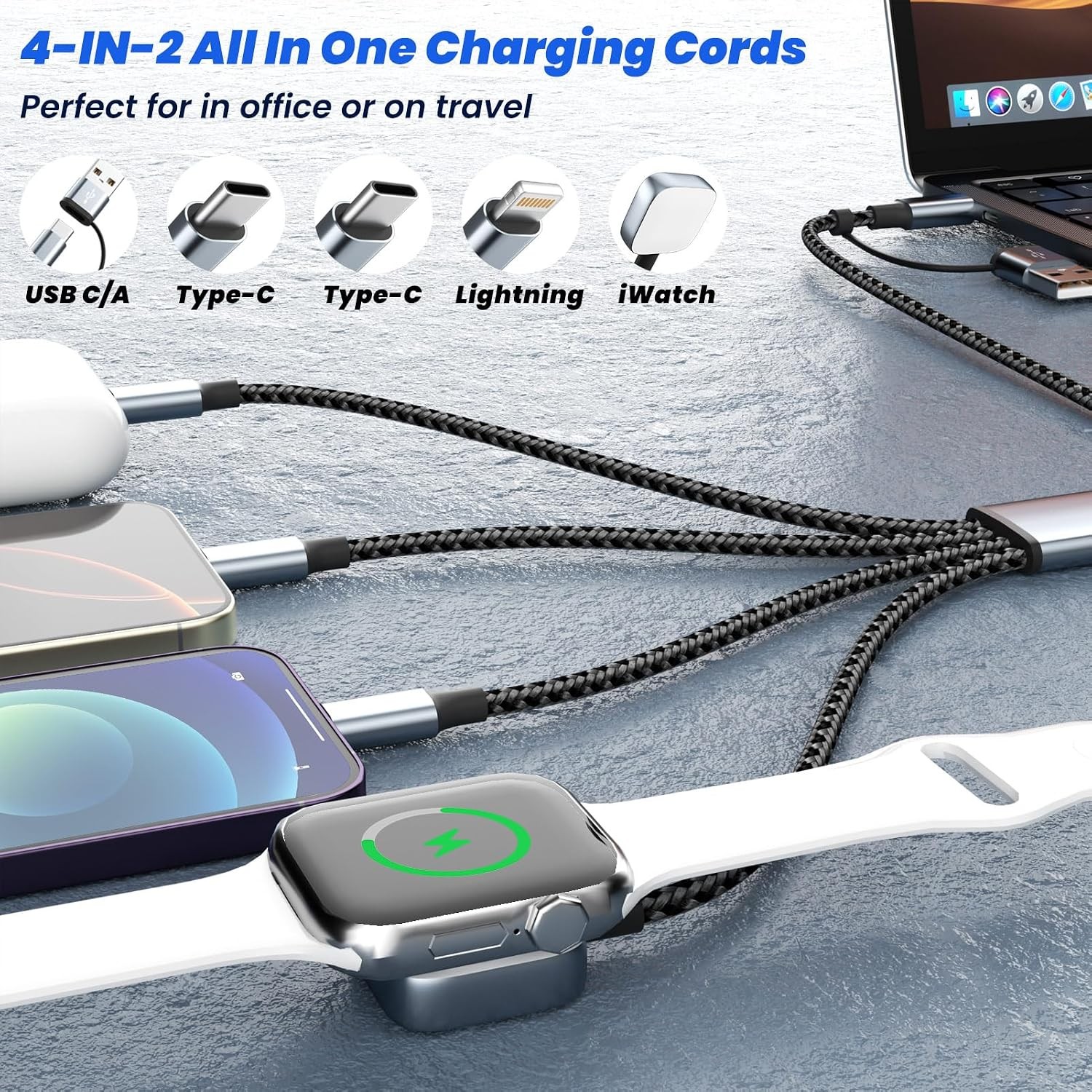 Travel Vacation Essentials 4 in 2 Dual Type C Multi Charging Cable for Watch Cha