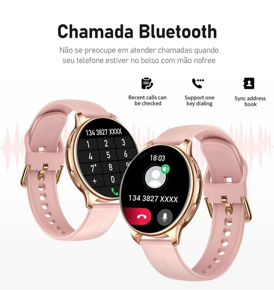 Pink Silicone Band Gold Case Smart Watch Fitness Tracker Bluetooth Call