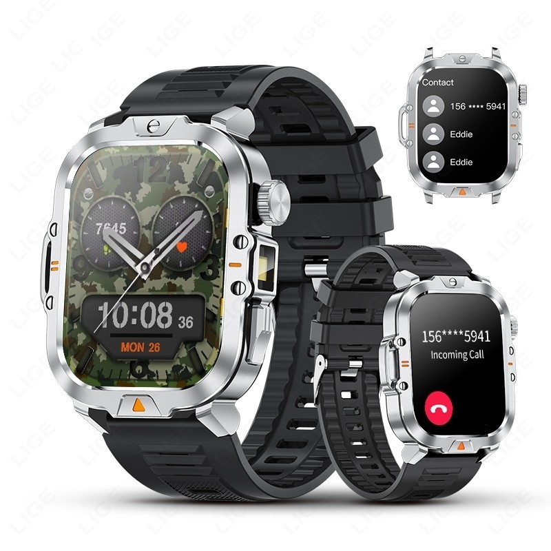 🔥Smart Watch Men with 2.01″ HD Screen Heart Rate LED Flashlight 3ATM Waterproof