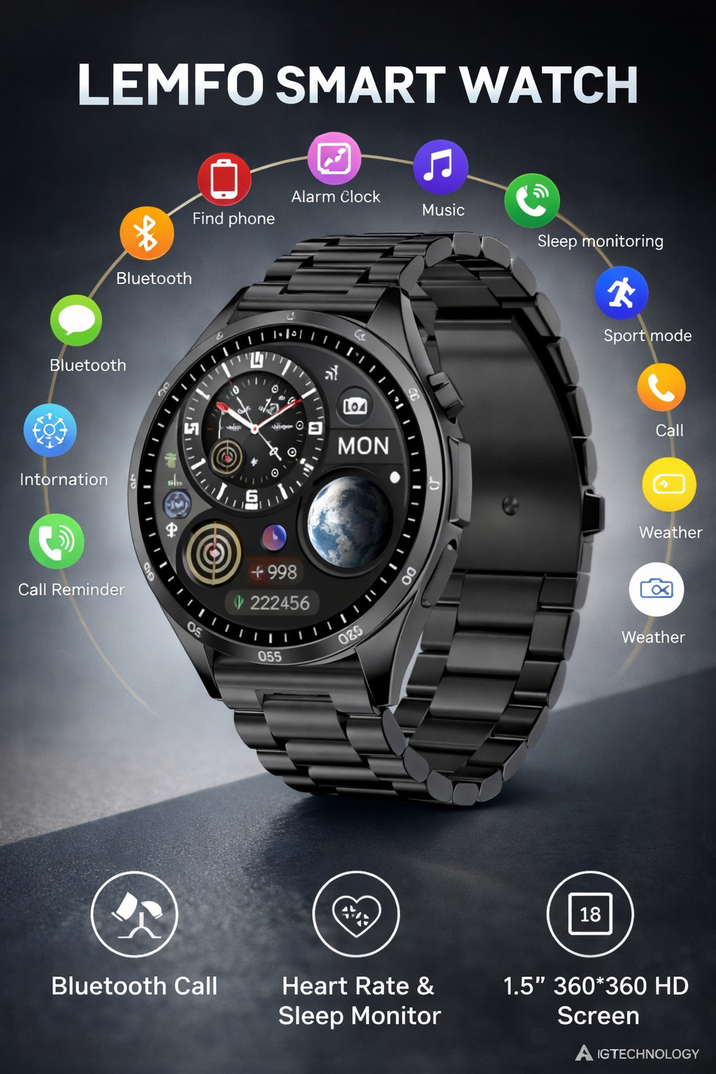LEMFO Smart Watches For Men Women 1.5″ 360*360 HD Screen 330mAh Battery Heart