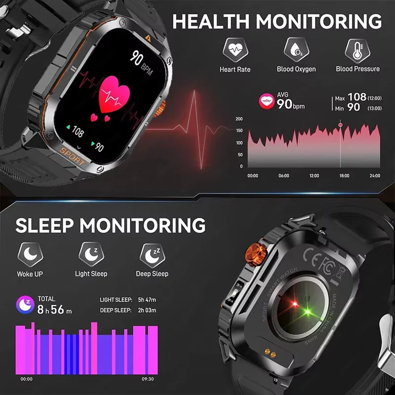 2.01″ Military Smart Watch For Men’s Sport Heart Rate Fitness Tracker Wristwatch