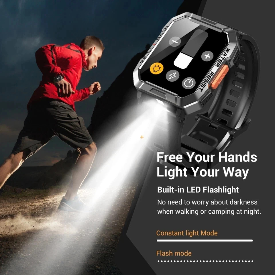 Military Tactical Compass Smart Watch For Men With LED Flashlight Blood Pressure