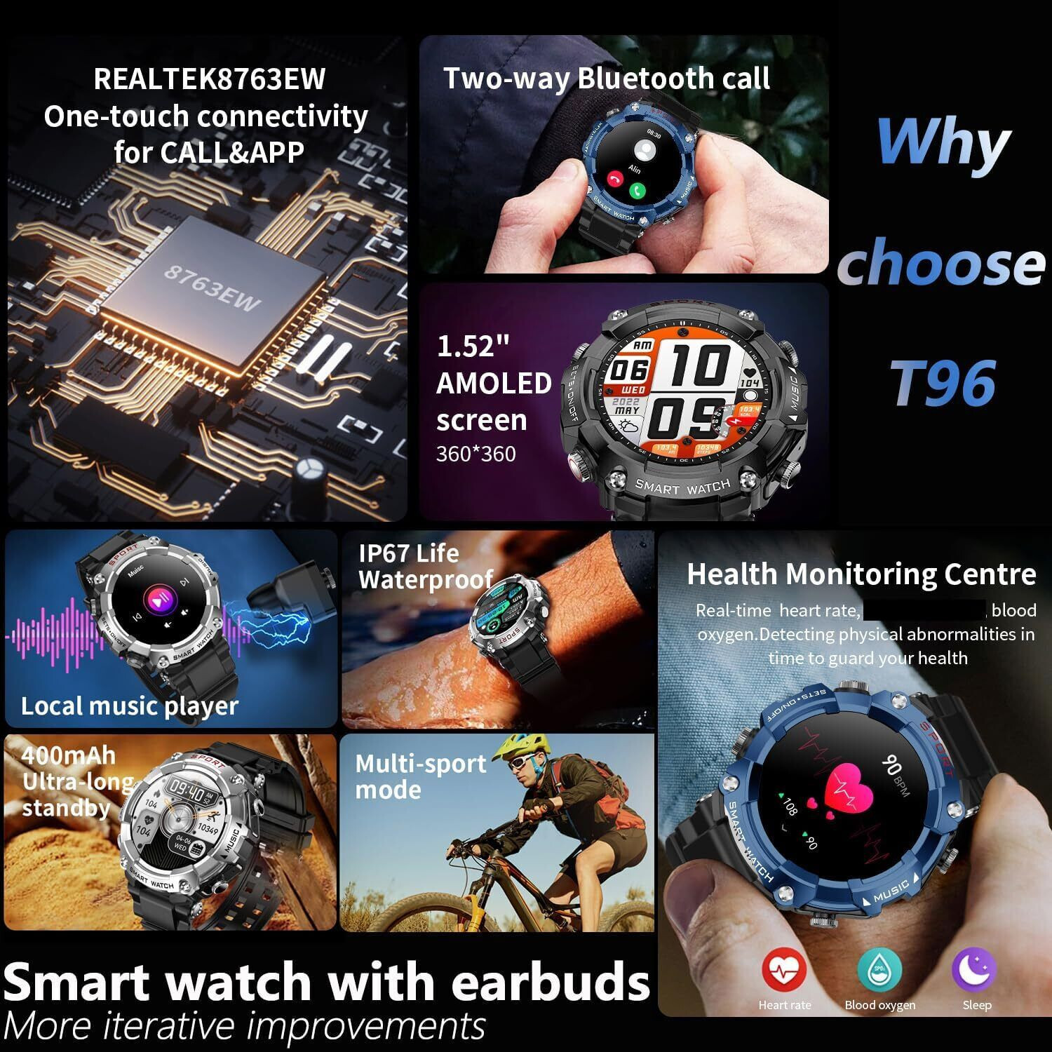 SMART WATCH with Earbuds for Men Women 1.52″ HD Touch Screen UltraLight Weather