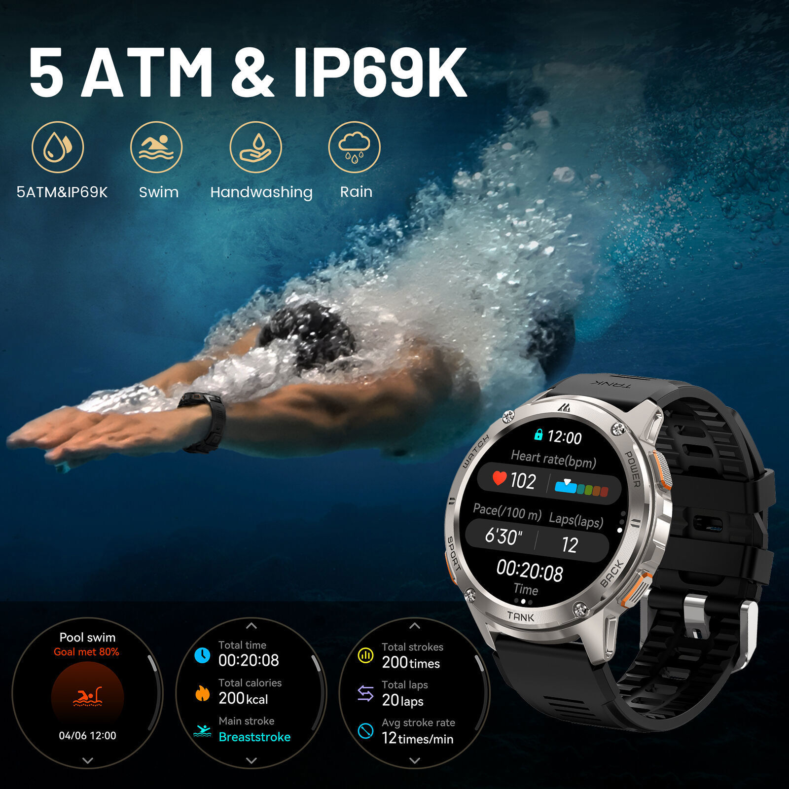 KOSPET TANK T2 Smart Watch for Men Smartwatch 50m Waterproof 410mAh Long Battery