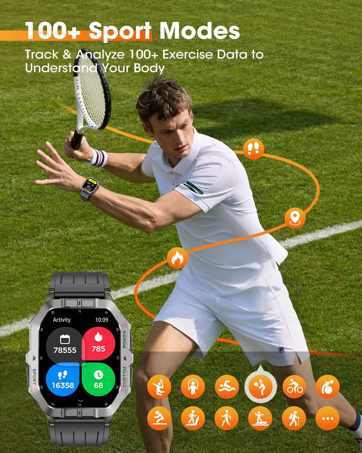 Military Smart Watch for Men – GPS, Heart Rate Monitor, 100+ Sport Modes, Waterp