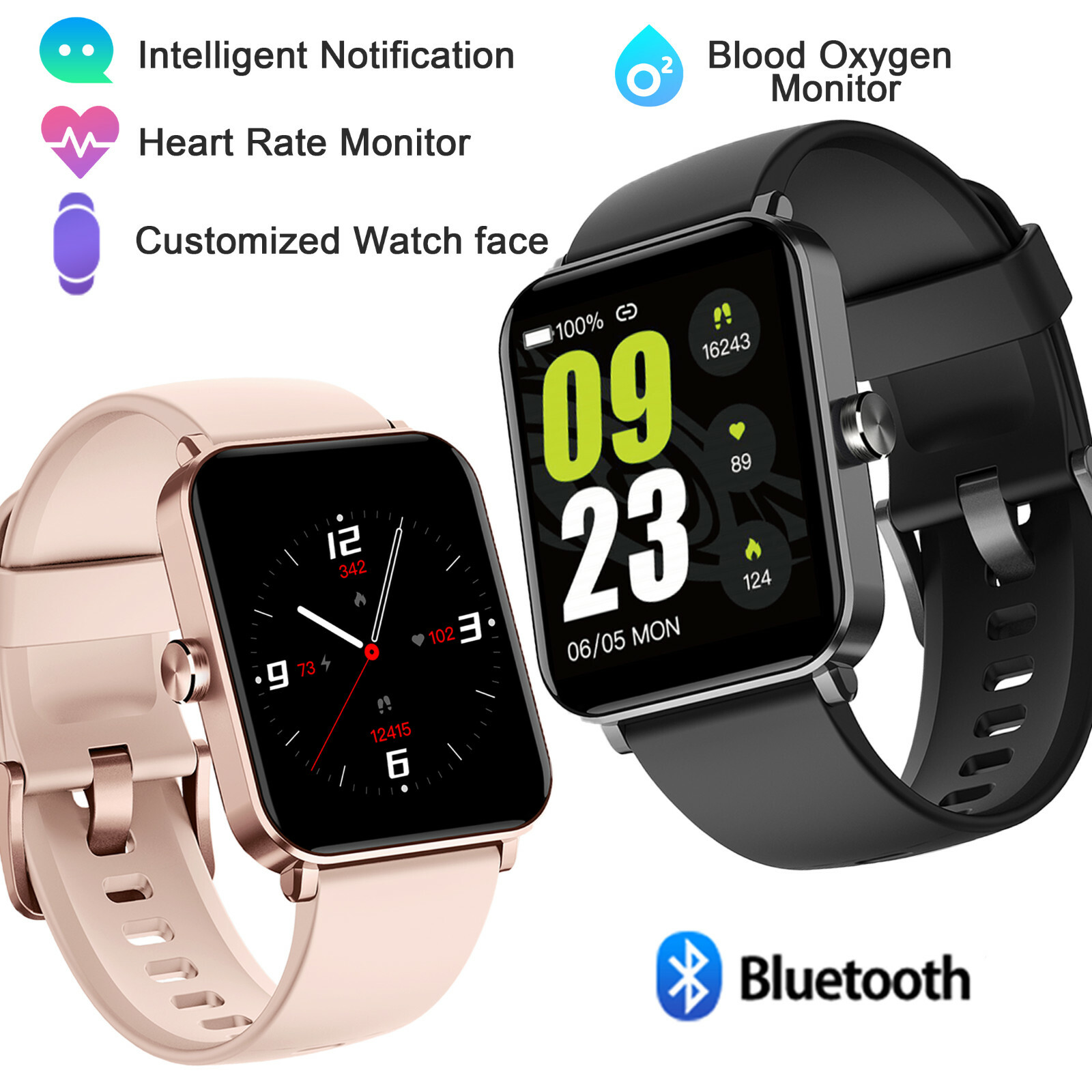 Bluetooth Smart Watch Heart Rate Blood Oxygen Monitor Tracker for IOS Android