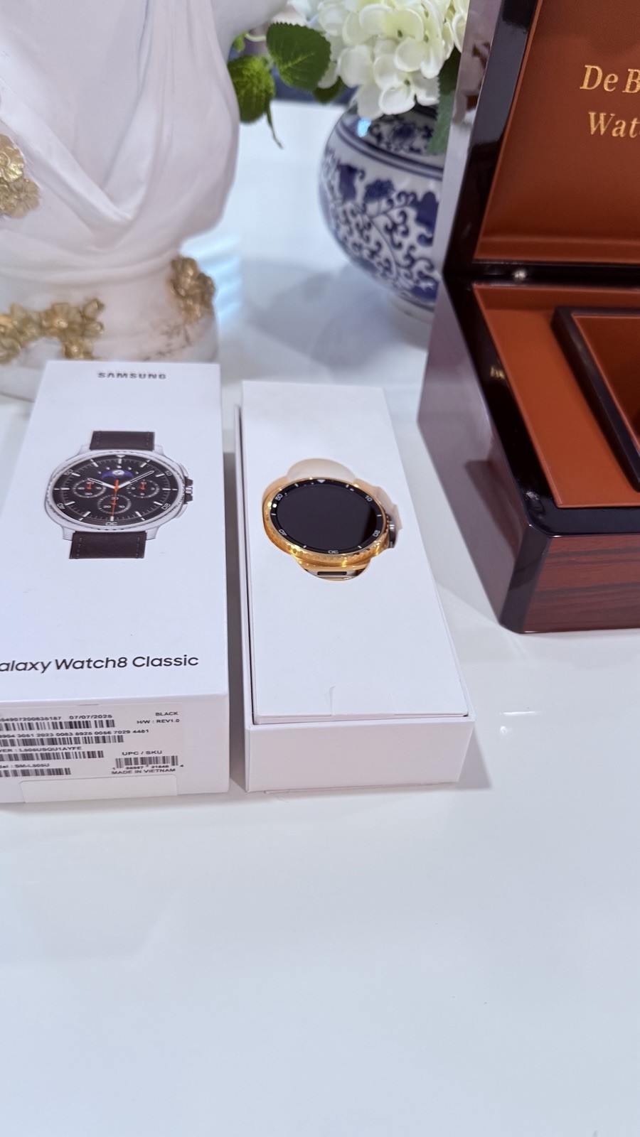 Custom 24k Gold Plated Samsung Galaxy Watch 8 Classic Brown Band GPS LTE
