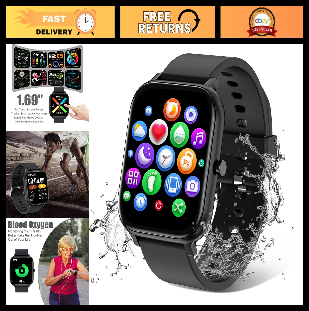 1.83″ Full Touch Screen Smart Watch, IP68 Waterproof Fitness Tracker, Heart Rate