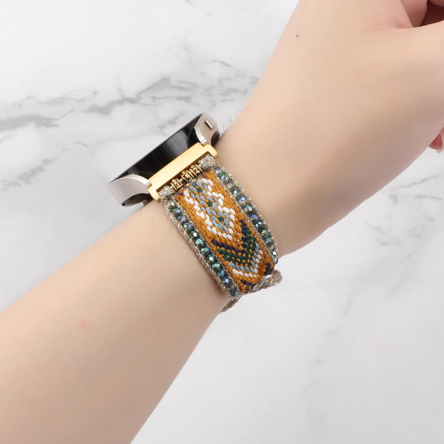 Retro Boho Fabric Band for Samsung Galaxy Watch 40mm 44mm, Handmade Beaded Strap