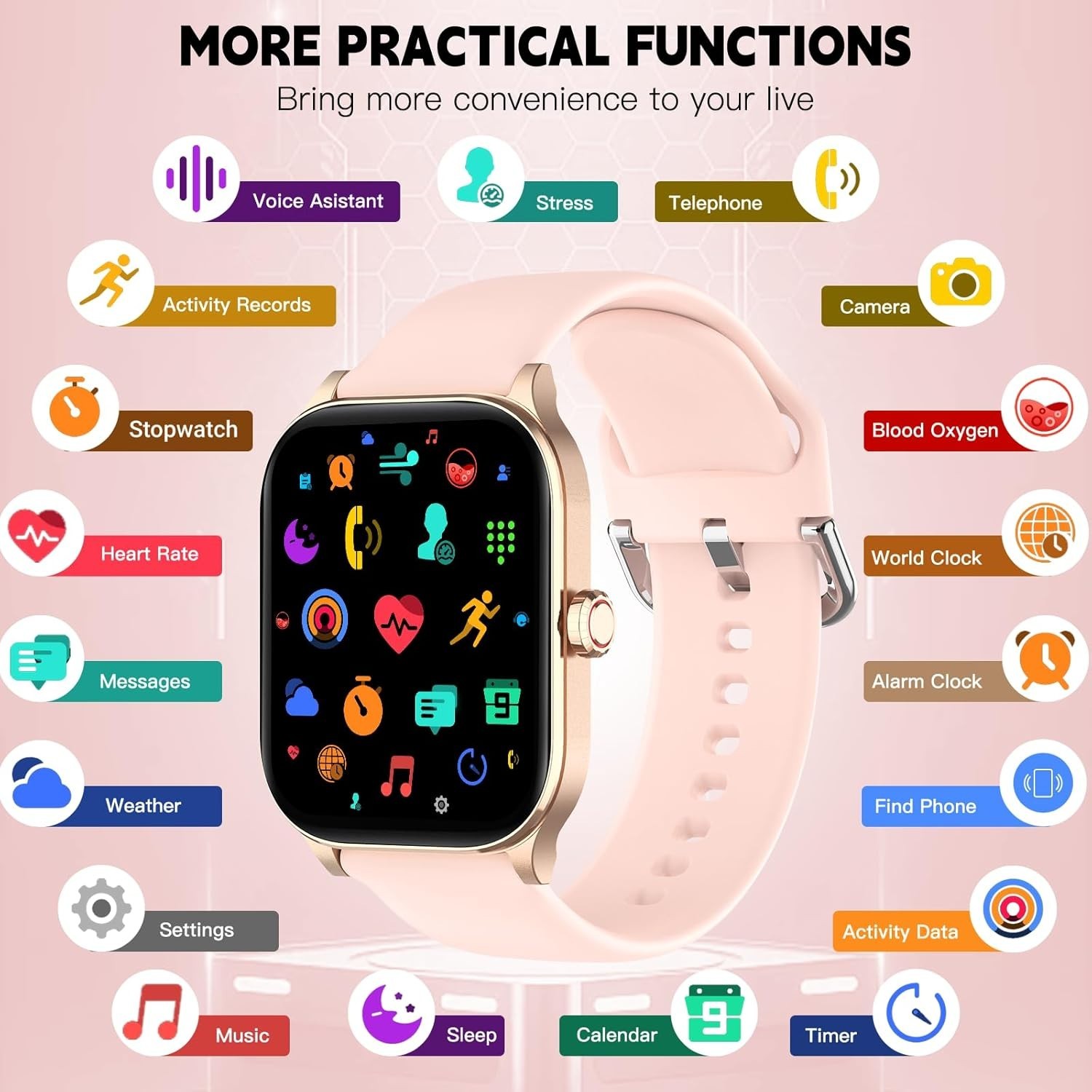 Multifunctional Smartwatch with Stress Monitoring & Extended Battery Life, Pink