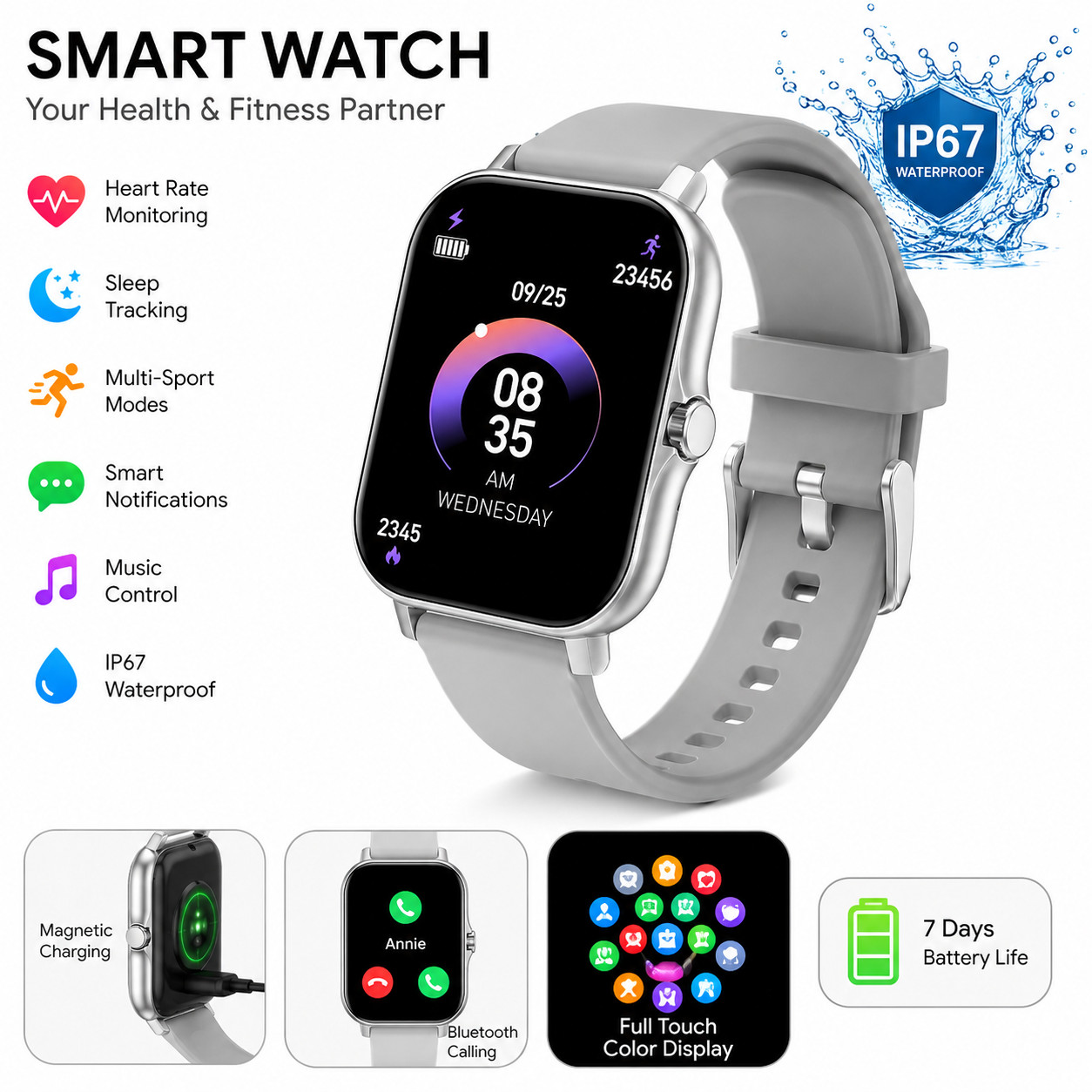 3PK Smart Watch with Wireless Calling Music Playback & Voice Assistant Android/i