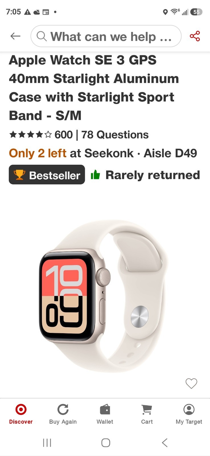 Apple Watch SE 3 40mm GPS Starlight Aluminum Case w Sport Band S/M MEH34LW/A