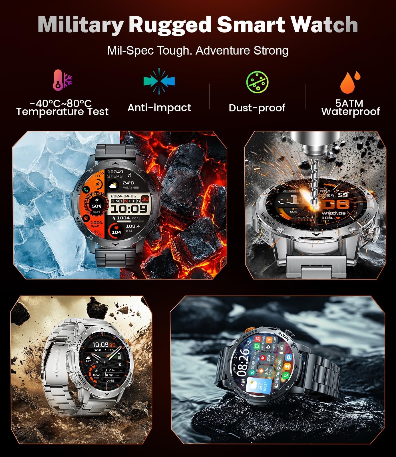 Military Smartwatch for Men, 1.75” Display, 1000mAh Battery, 5ATM Waterproof, F