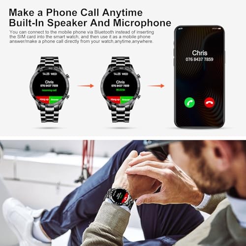 Men Smart Watch for Android iOS, Bluetooth Calls Voice Chat with Heart A-Black