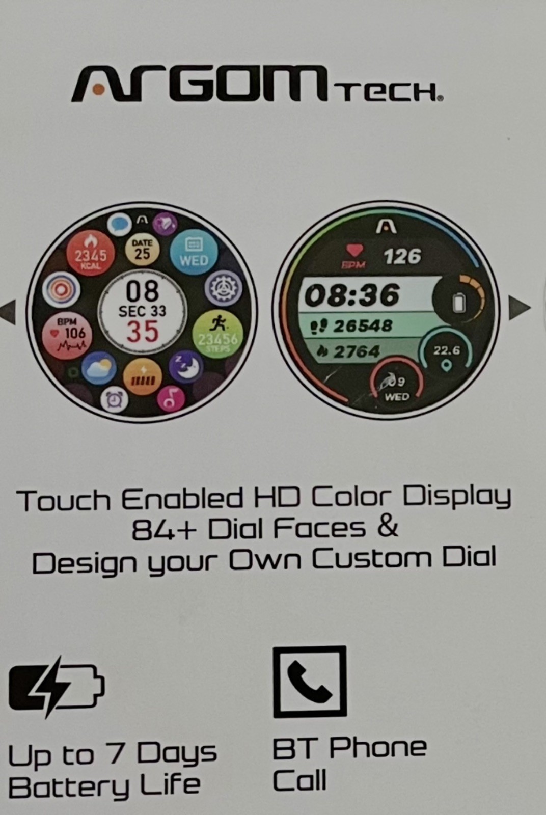 Argomtech Skeiwatch C30 Smartwatch, Bluetooth Fitness Tracker, Black 4 Bands