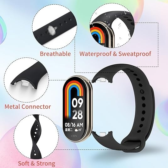 8 Pack Sport Bands Compatible with Xiaomi Mi Band 9/8, TPU Waterproof Strap for