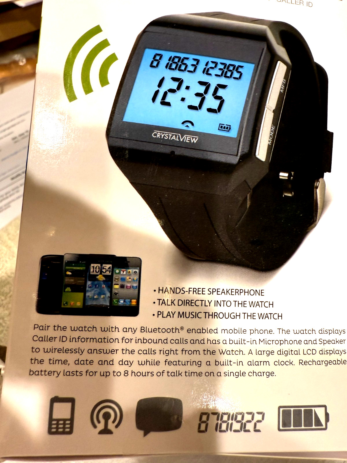 Crystal View BLUETOOTH Hands-Free Digital Watch with Microphone BLACK Sealed Box