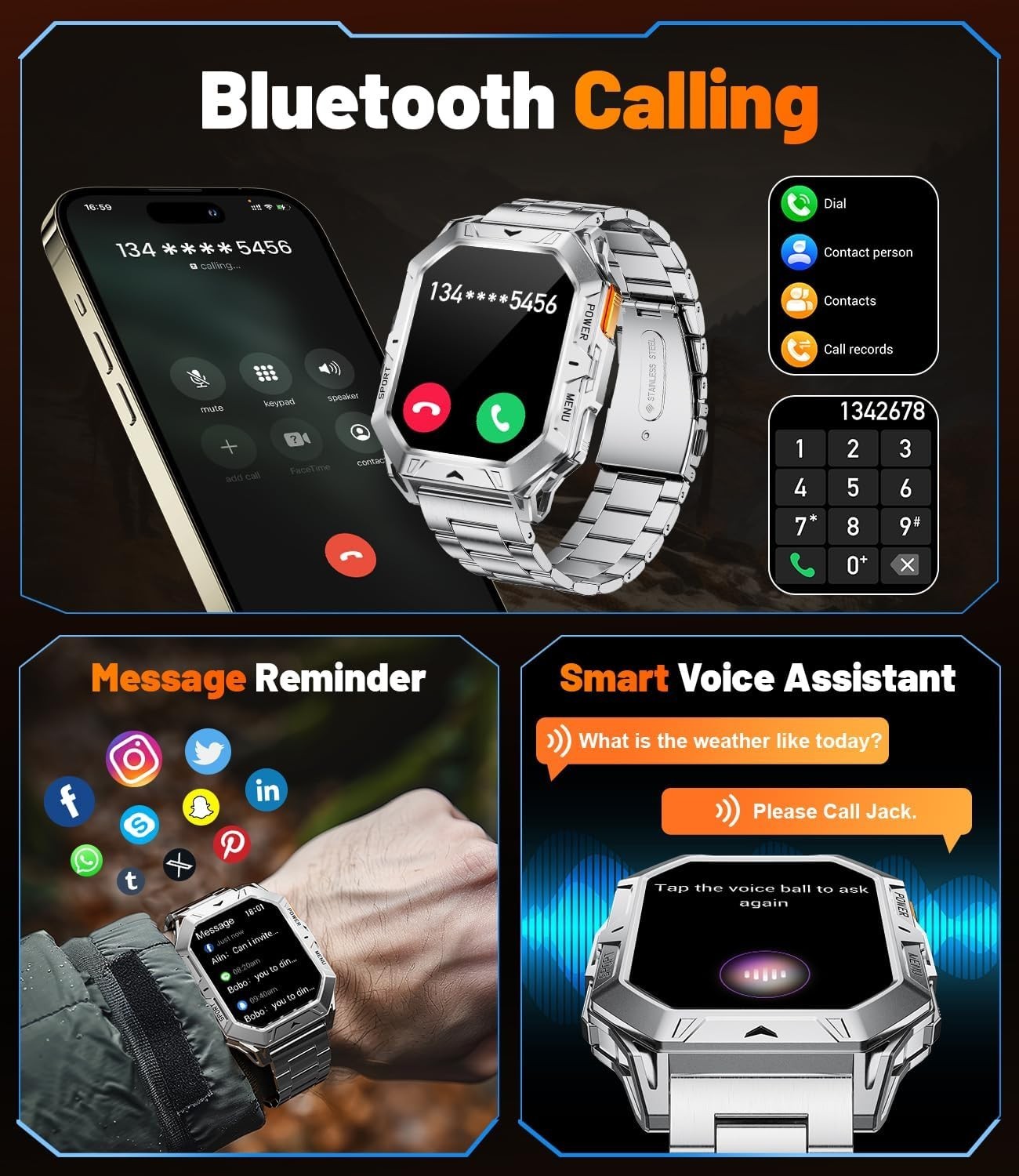 Unique looking Smart Watch 2.13″ AMOLED AOD Waterproof 1000mah Battery BT Calls