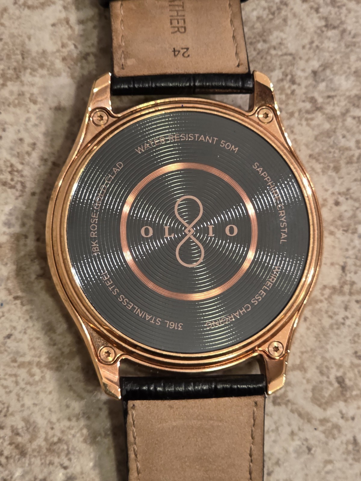 Olio One Men’s Black Leather Strap 18K Rose Gold Clad Smartwatch *UNTESTED*READ