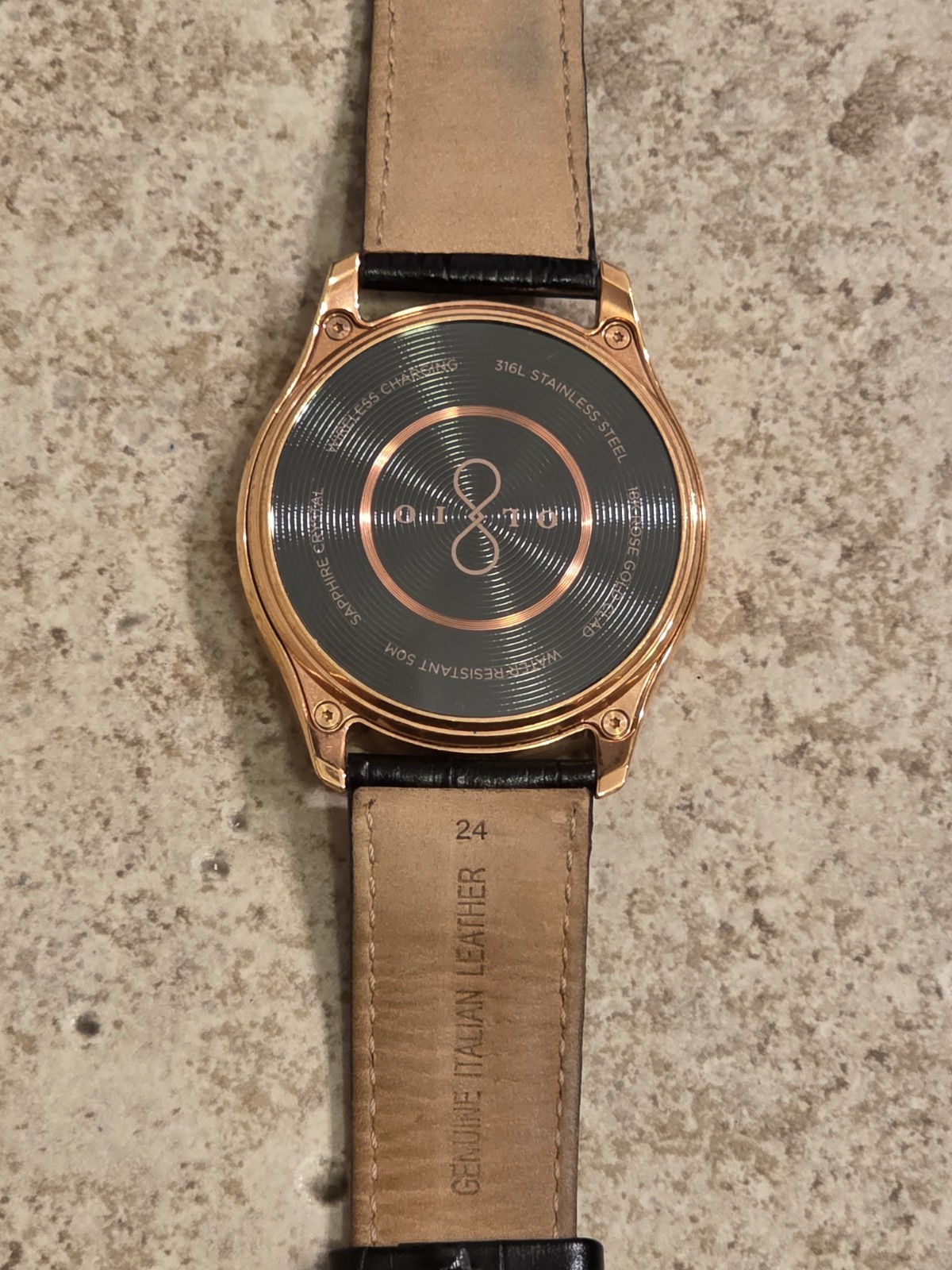 Olio One Men’s Black Leather Strap 18K Rose Gold Clad Smartwatch *UNTESTED*READ