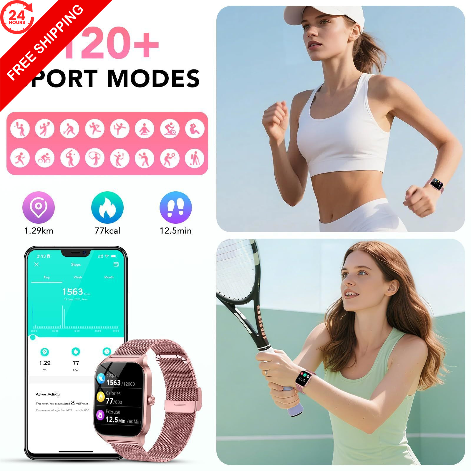 CASCHO Smart Watch for Women (2 Bands), Bluetooth Call No, Rose Gold