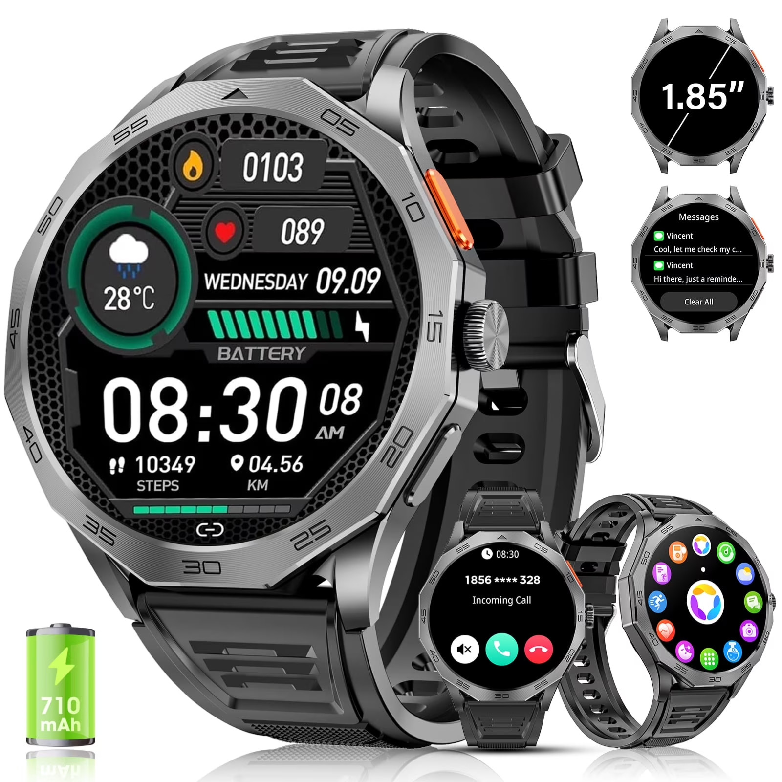 Military Smart Watch for Men, 1.85-Inch Fits for Android and Iphone Devices, wit