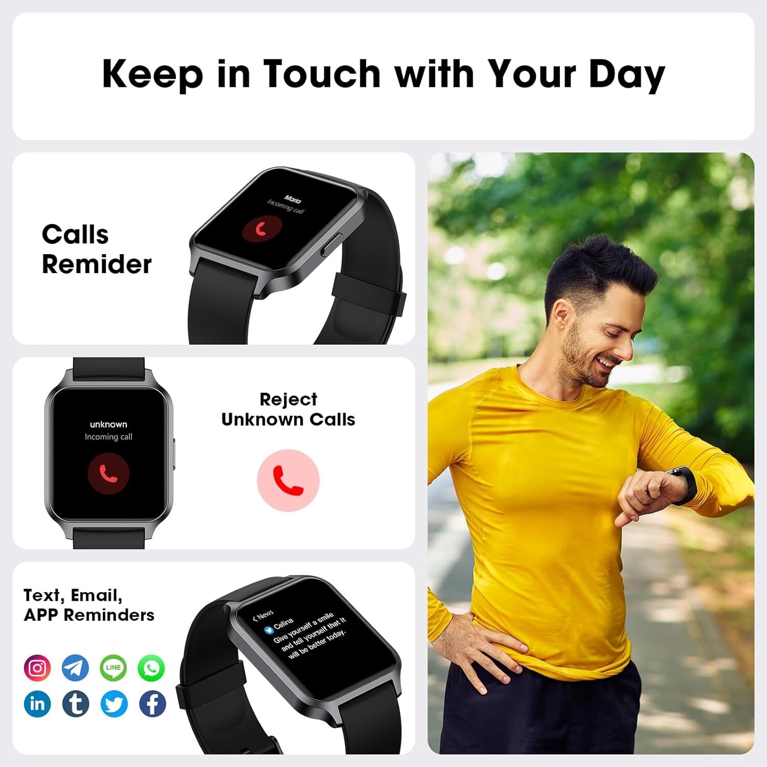 Unisex Smart Watch Fitness Features 42Mm Full Touch Screen Waterproof Black