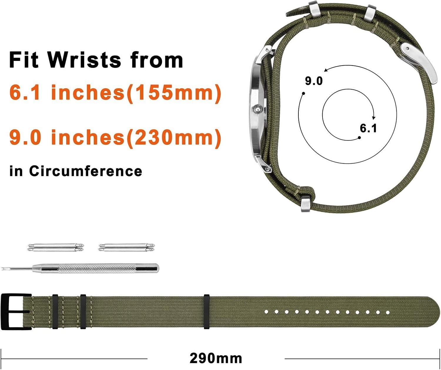 Nylon Watch Band 16mm 18mm 20mm 22mm, One-Piece Waterproof Military Straps